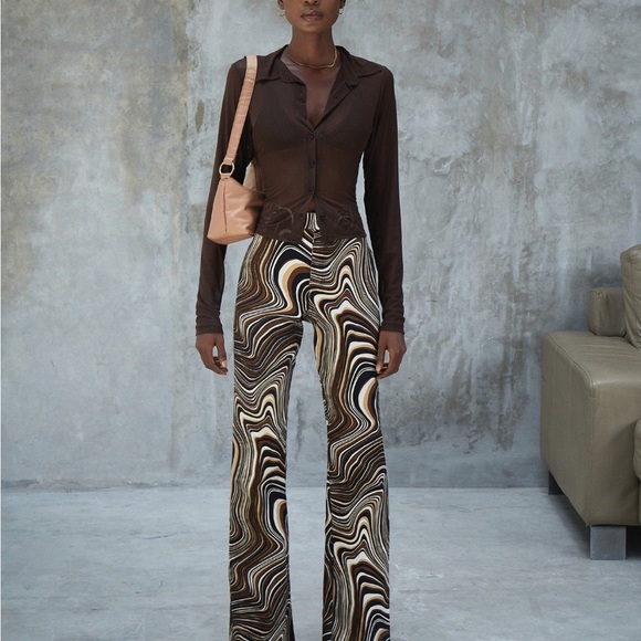 Motel Rocks Pants - Motel Rocks Black and Brown Pants with Psychedelic Pattern Highwaisted
